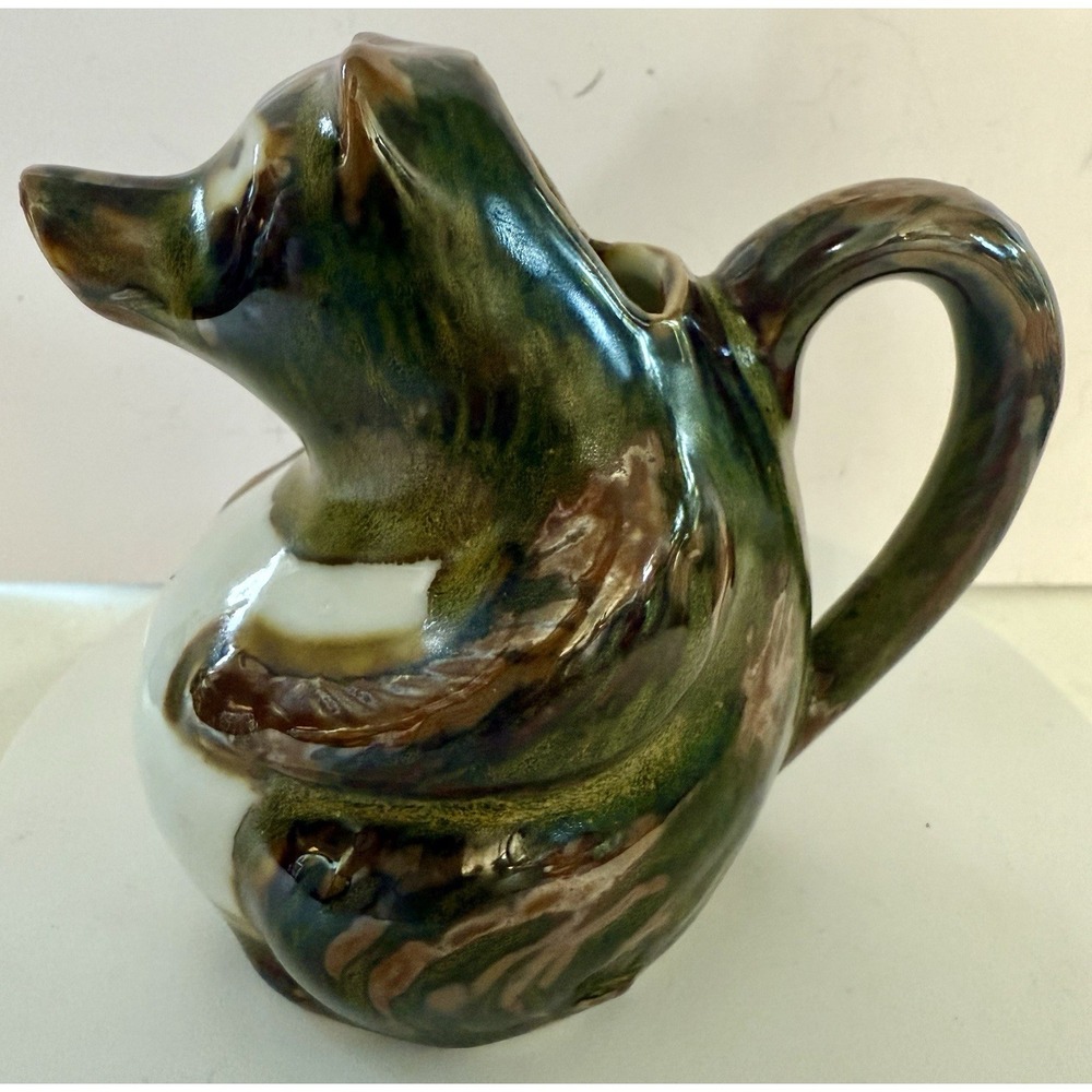Vintage Hedgehog Creamer Pitcher Figural Ceramic Green Brown Drip Glaze‎ Pottery